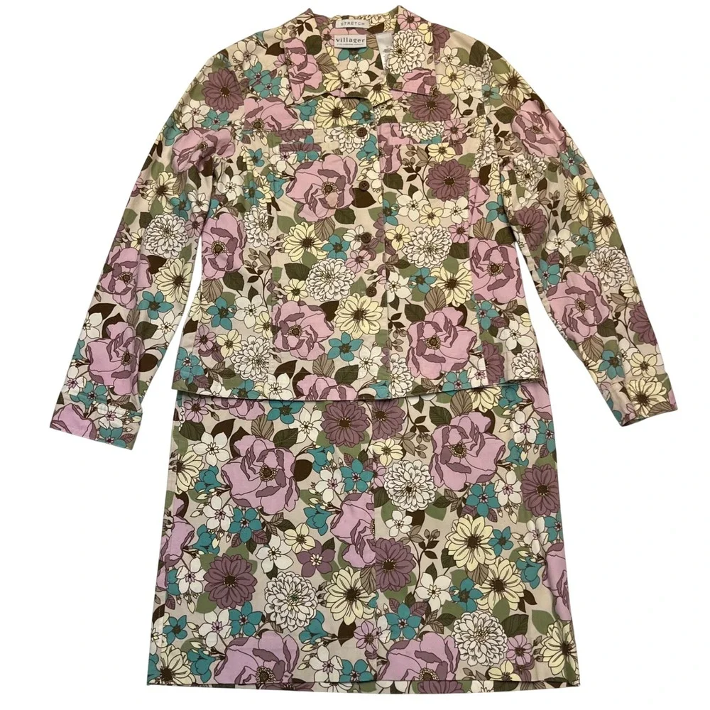 Villager Liz Claiborne‎ Purple Teal Floral Cotton Stretch Skirt Set Size 12